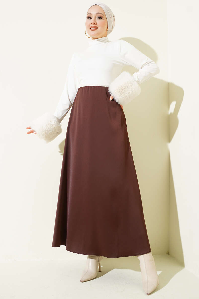Satin Skirt with Waist Zip - Brown