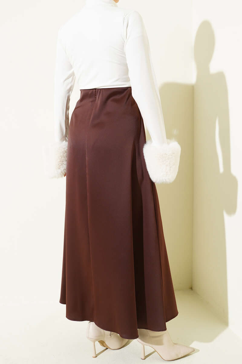 Satin Skirt with Waist Zip - Brown