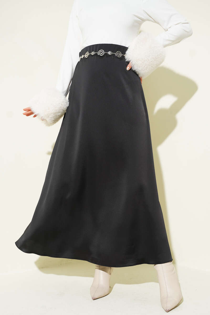 Satin Skirt with Waist Zip - Black