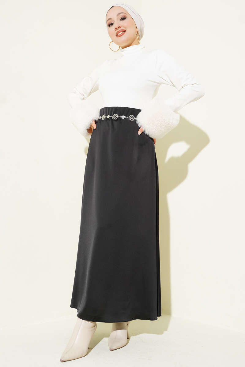 Satin Skirt with Waist Zip - Black