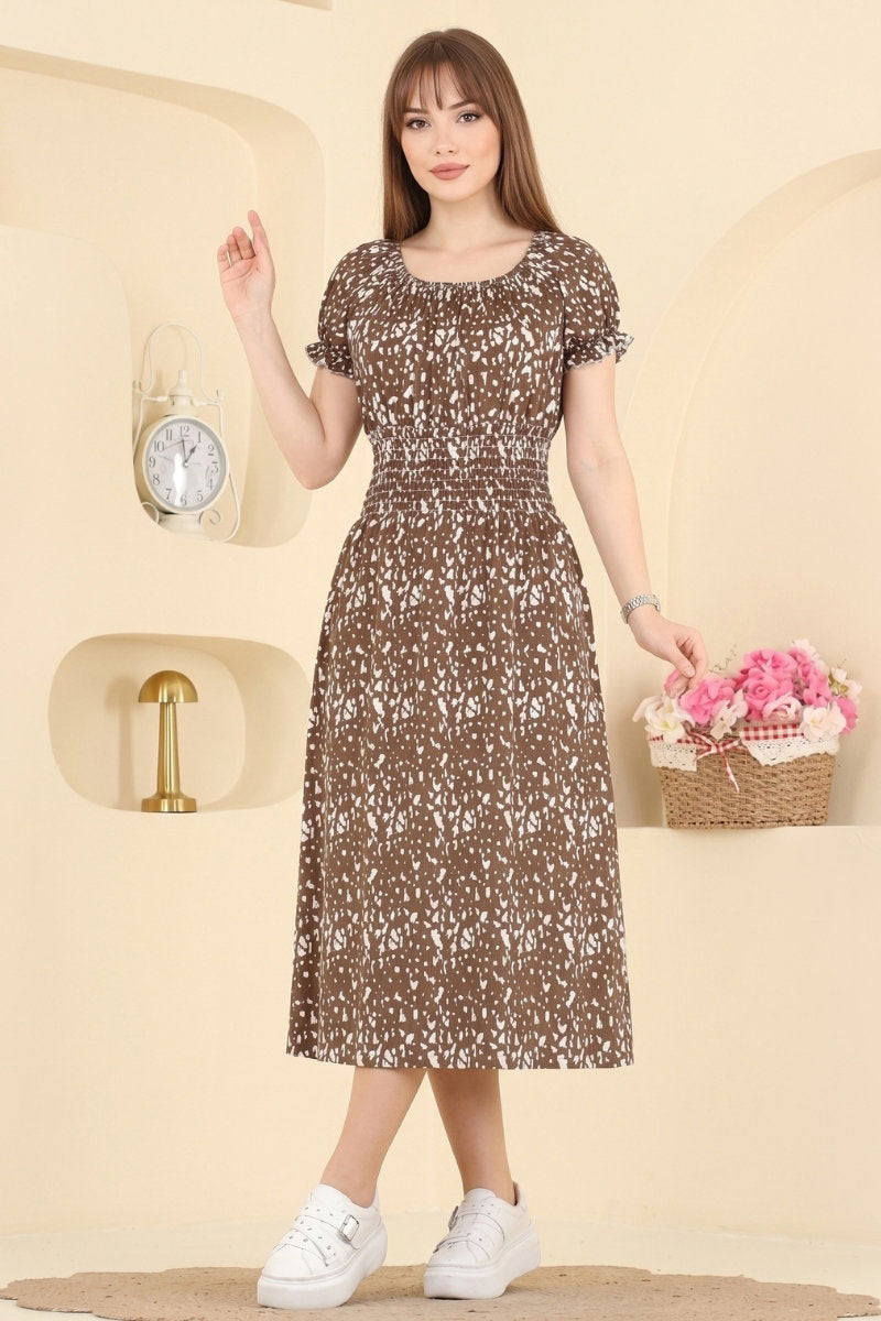 Patterned Dress with Gathered Waist - Brown