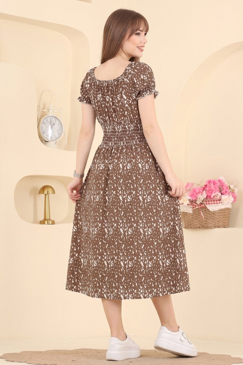 Patterned Dress with Gathered Waist - Brown