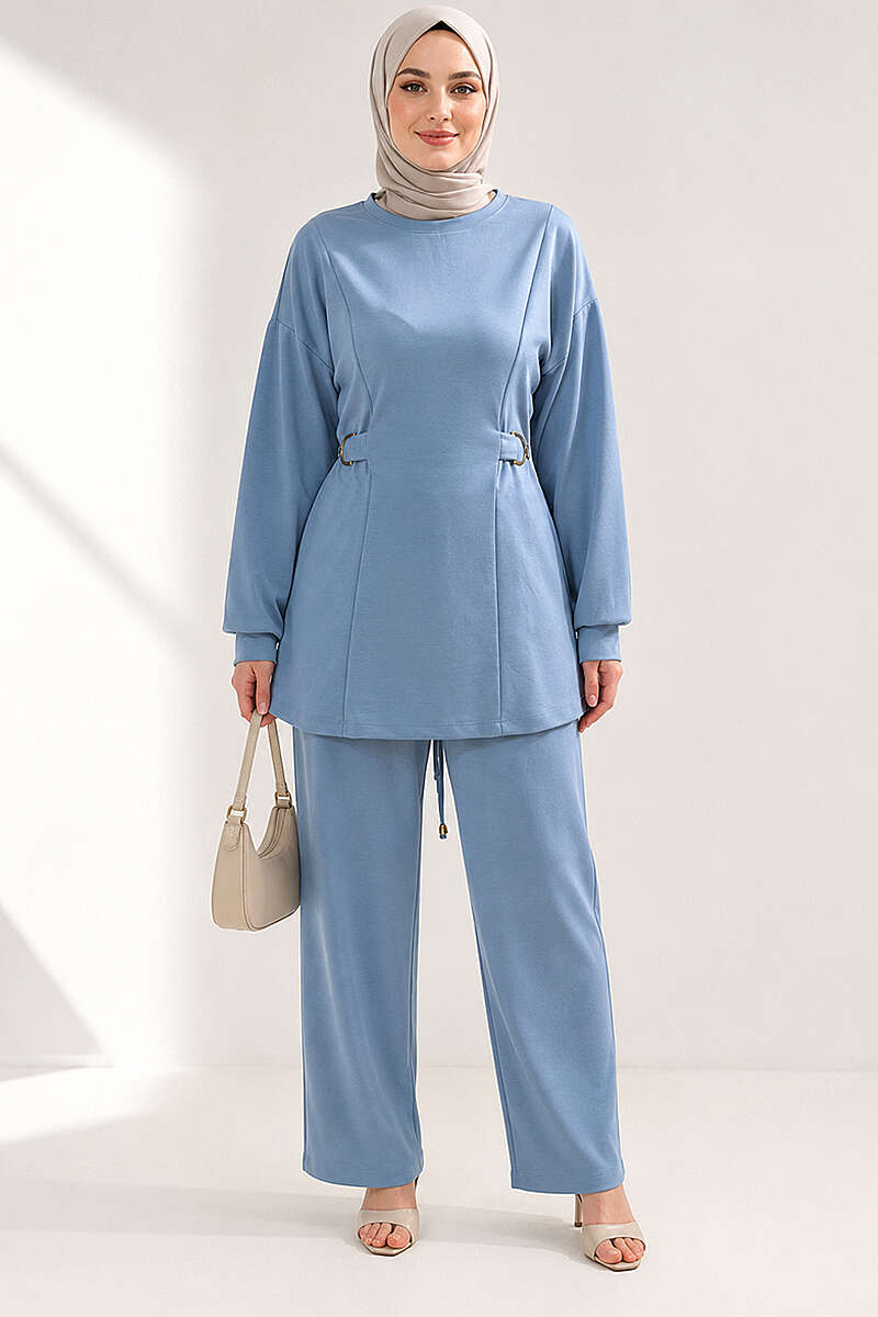 Jersey Two-Piece Set with Gold-Buckle Tie Waist - Light Blue