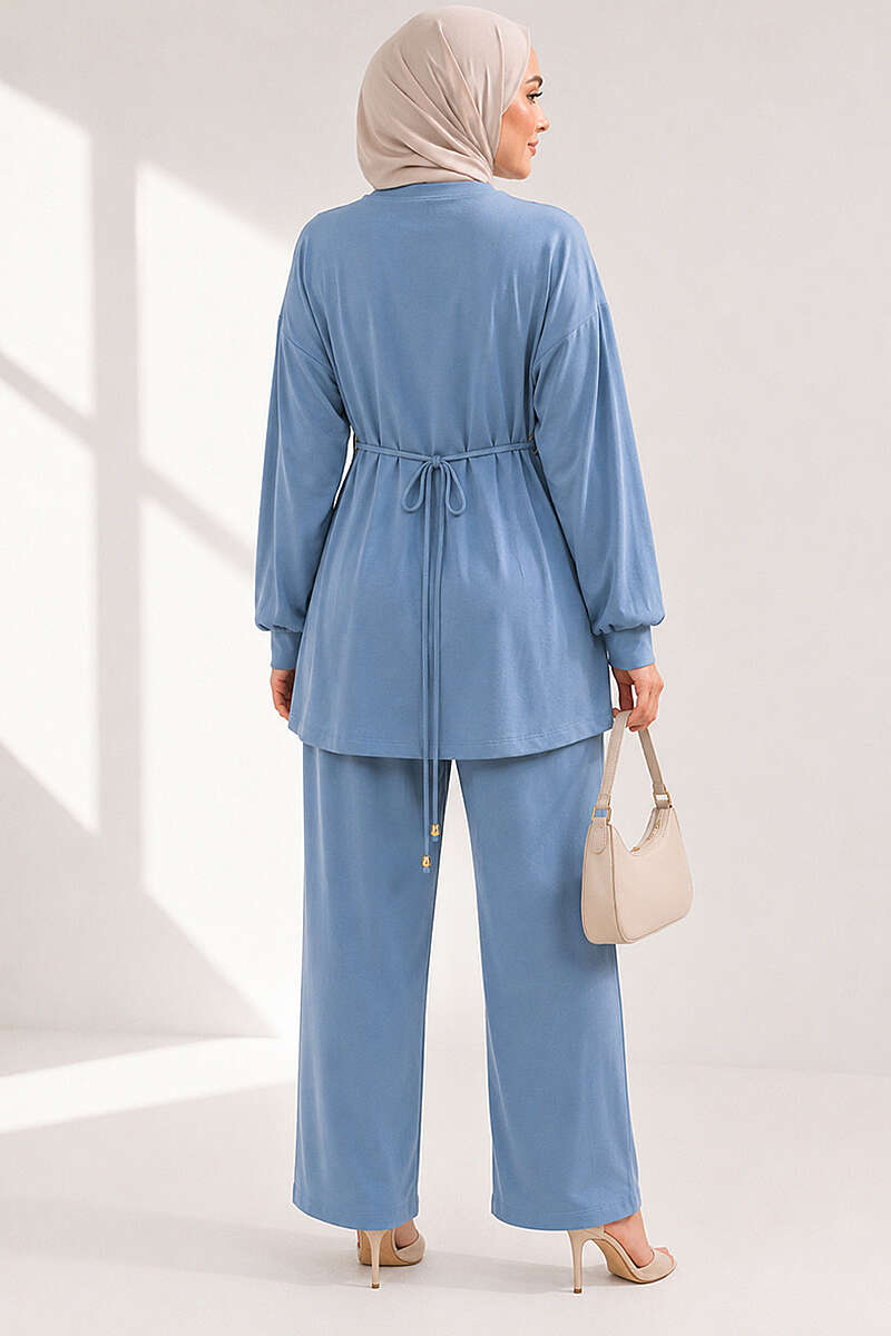 Jersey Two-Piece Set with Gold-Buckle Tie Waist - Light Blue