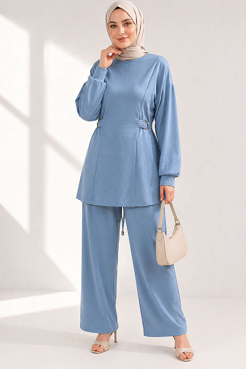 Jersey Two-Piece Set with Gold-Buckle Tie Waist - Light Blue