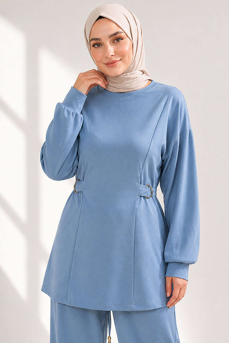 Jersey Two-Piece Set with Gold-Buckle Tie Waist - Light Blue