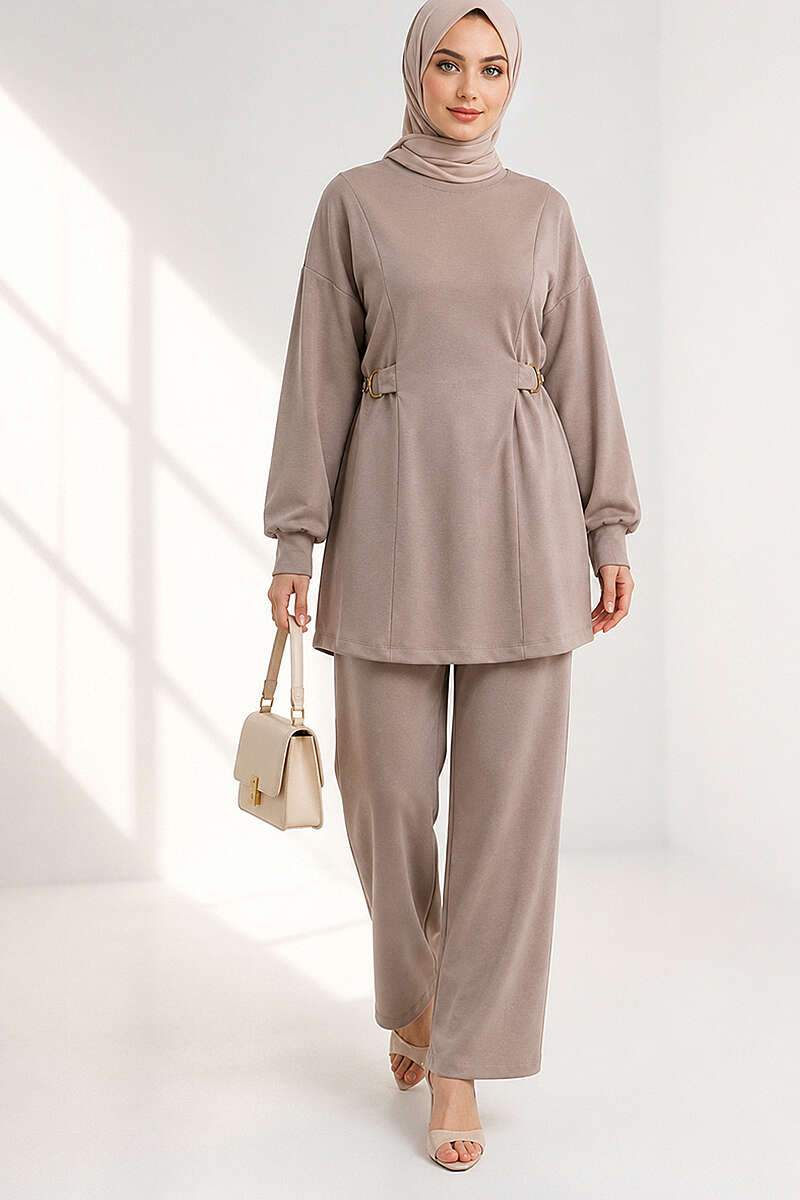 Jersey Two-Piece Set with Gold-Buckle Tie Waist - Beige