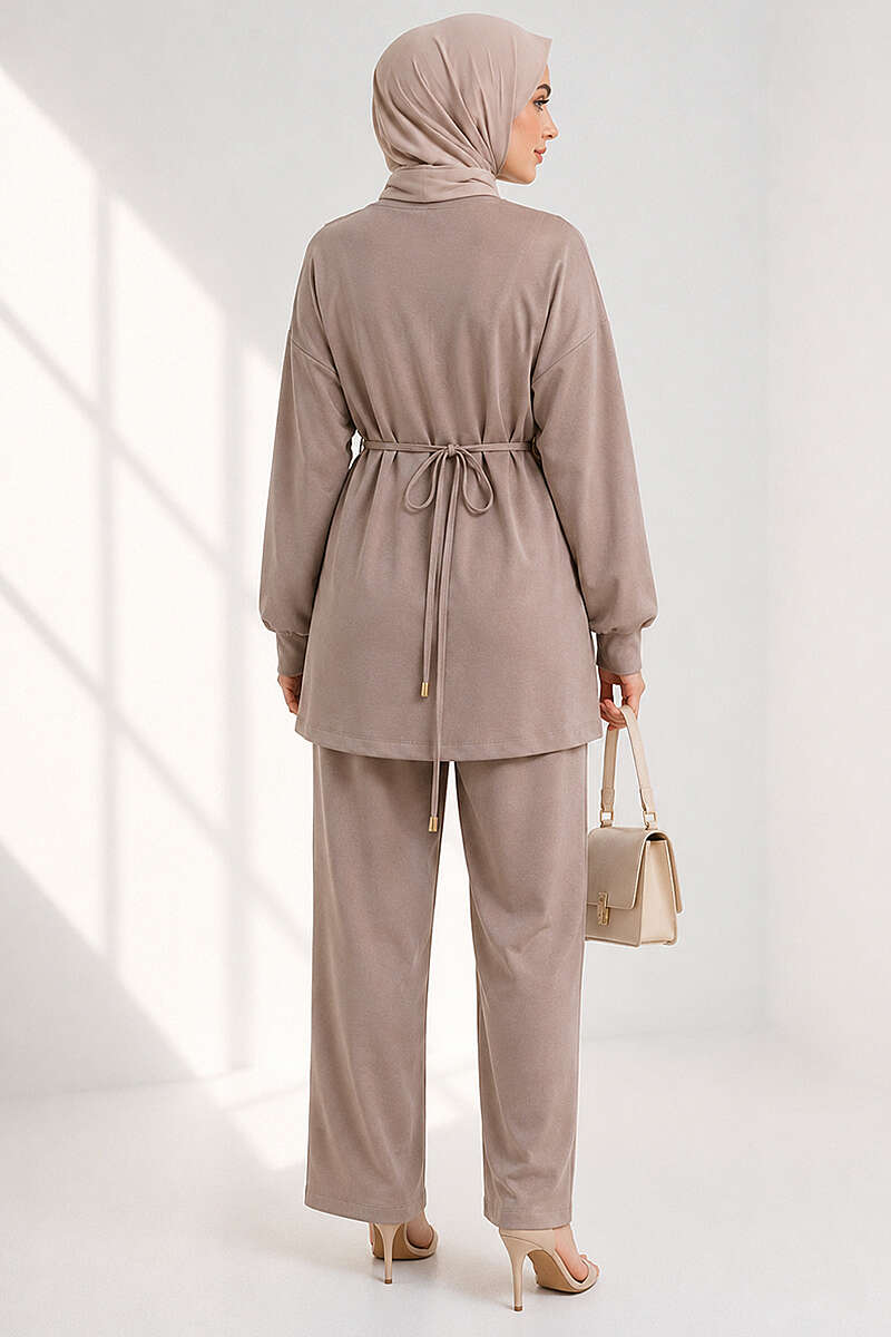 Jersey Two-Piece Set with Gold-Buckle Tie Waist - Beige