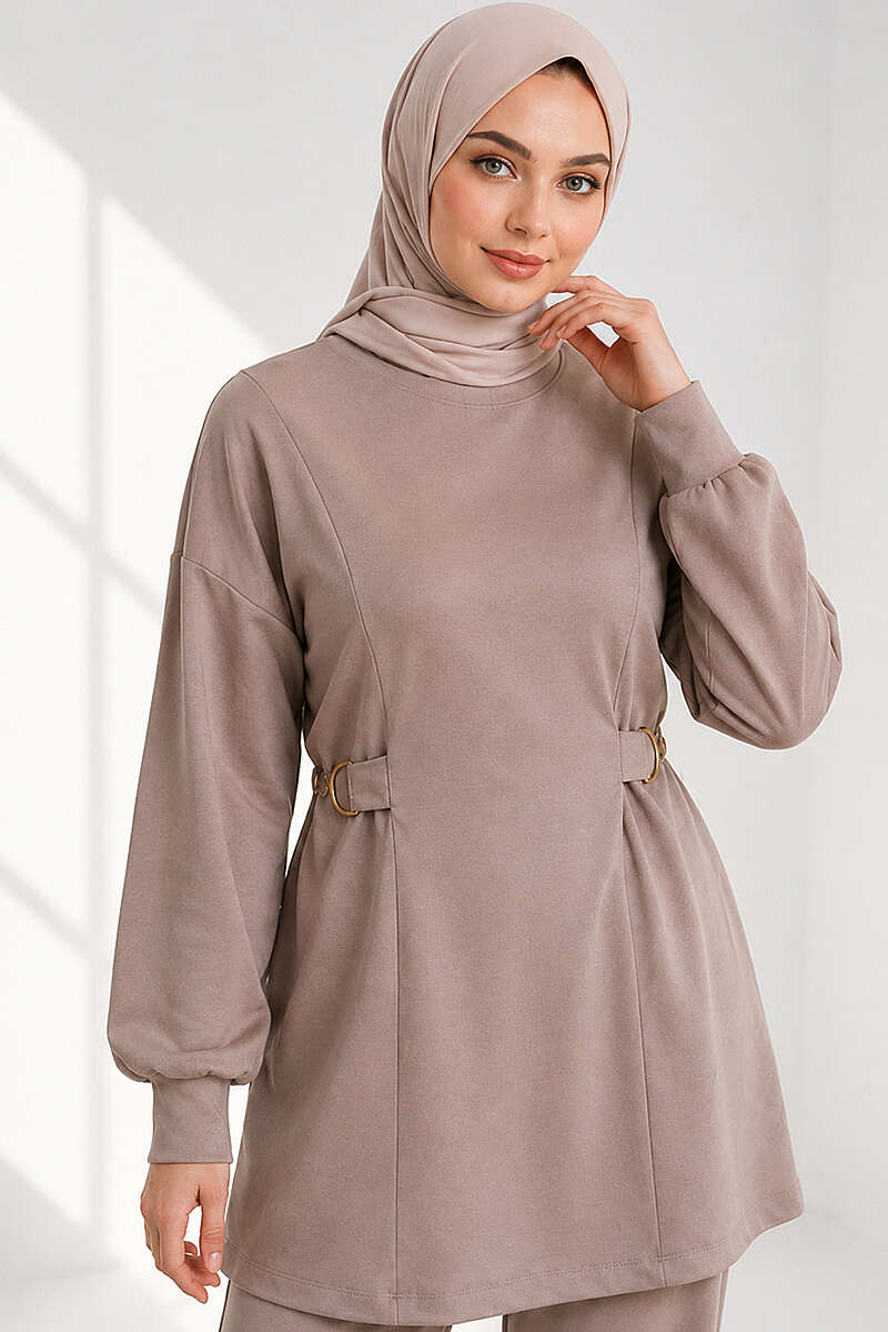 Jersey Two-Piece Set with Gold-Buckle Tie Waist - Beige