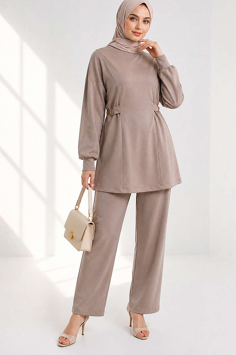 Jersey Two-Piece Set with Gold-Buckle Tie Waist - Beige