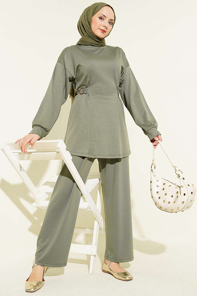 Jersey Two-Piece Set with Gold-Buckle Tie Waist - Almond Green
