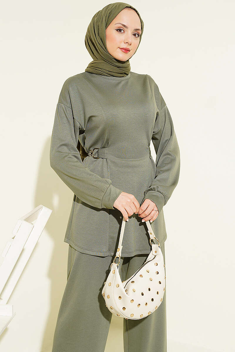 Jersey Two-Piece Set with Gold-Buckle Tie Waist - Almond Green