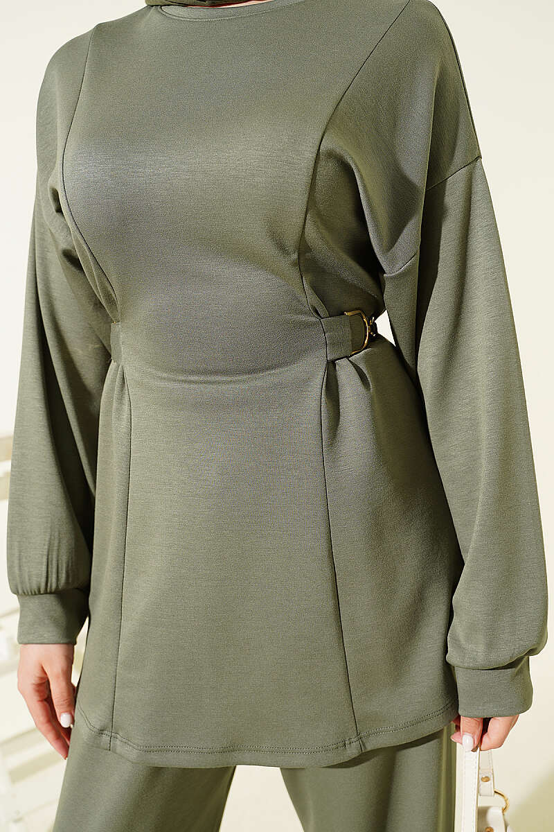 Jersey Two-Piece Set with Gold-Buckle Tie Waist - Almond Green
