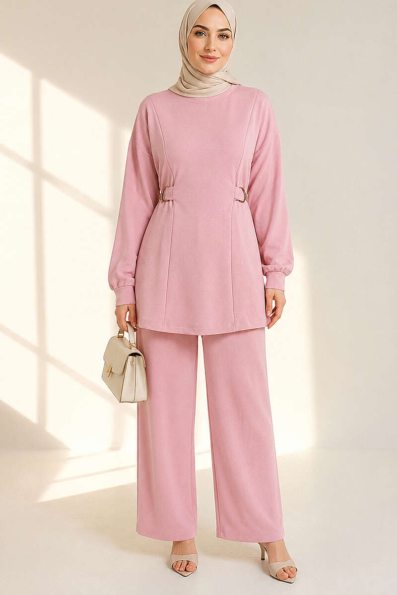 Jersey Two-Piece Set with Gold-Buckle Tie Waist - Pink