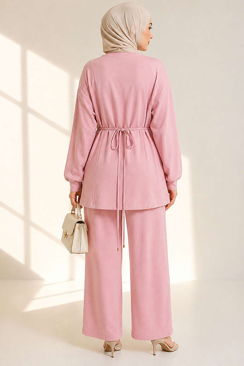 Jersey Two-Piece Set with Gold-Buckle Tie Waist - Pink