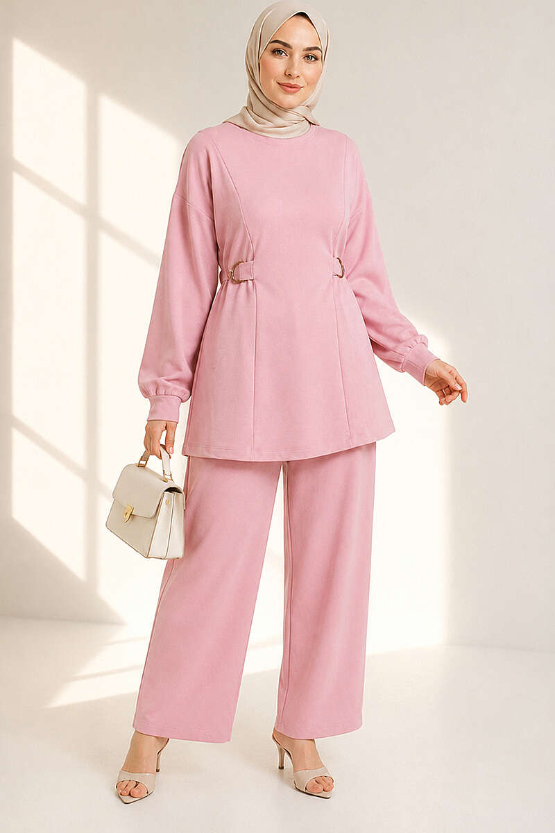 Jersey Two-Piece Set with Gold-Buckle Tie Waist - Pink