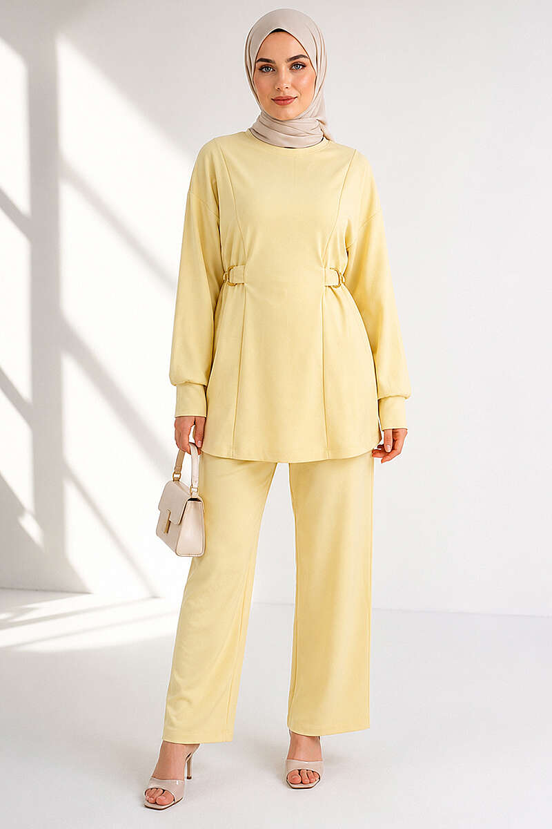 Jersey Two-Piece Set with Gold-Buckle Tie Waist - Yellow