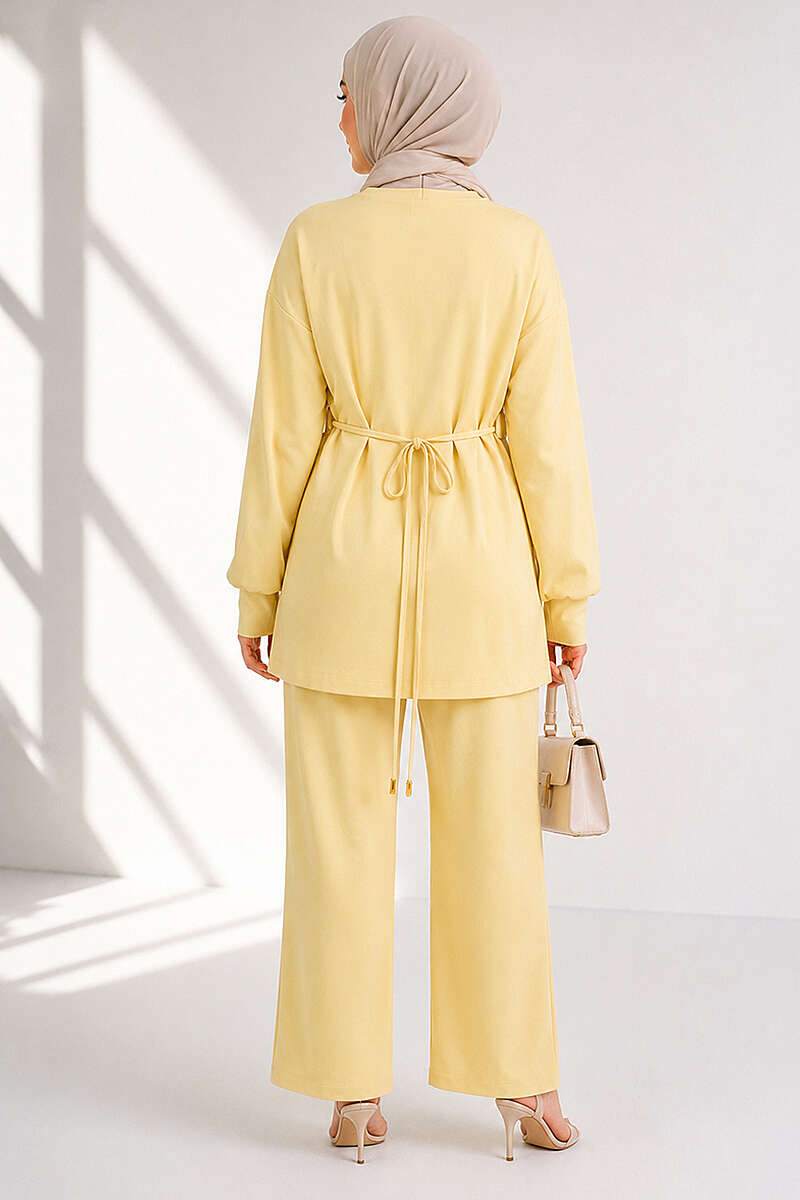 Jersey Two-Piece Set with Gold-Buckle Tie Waist - Yellow