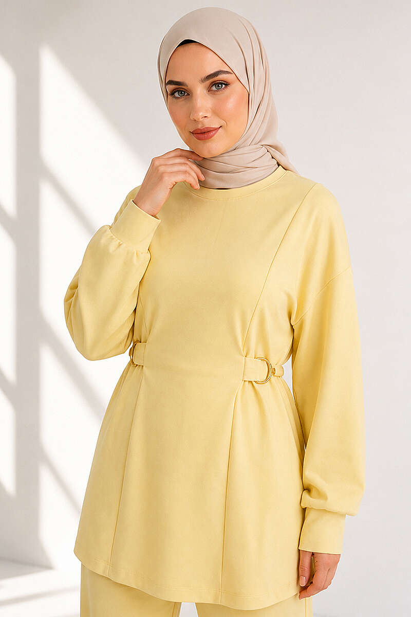 Jersey Two-Piece Set with Gold-Buckle Tie Waist - Yellow