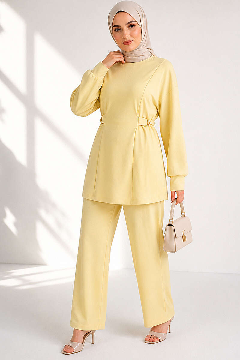 Jersey Two-Piece Set with Gold-Buckle Tie Waist - Yellow
