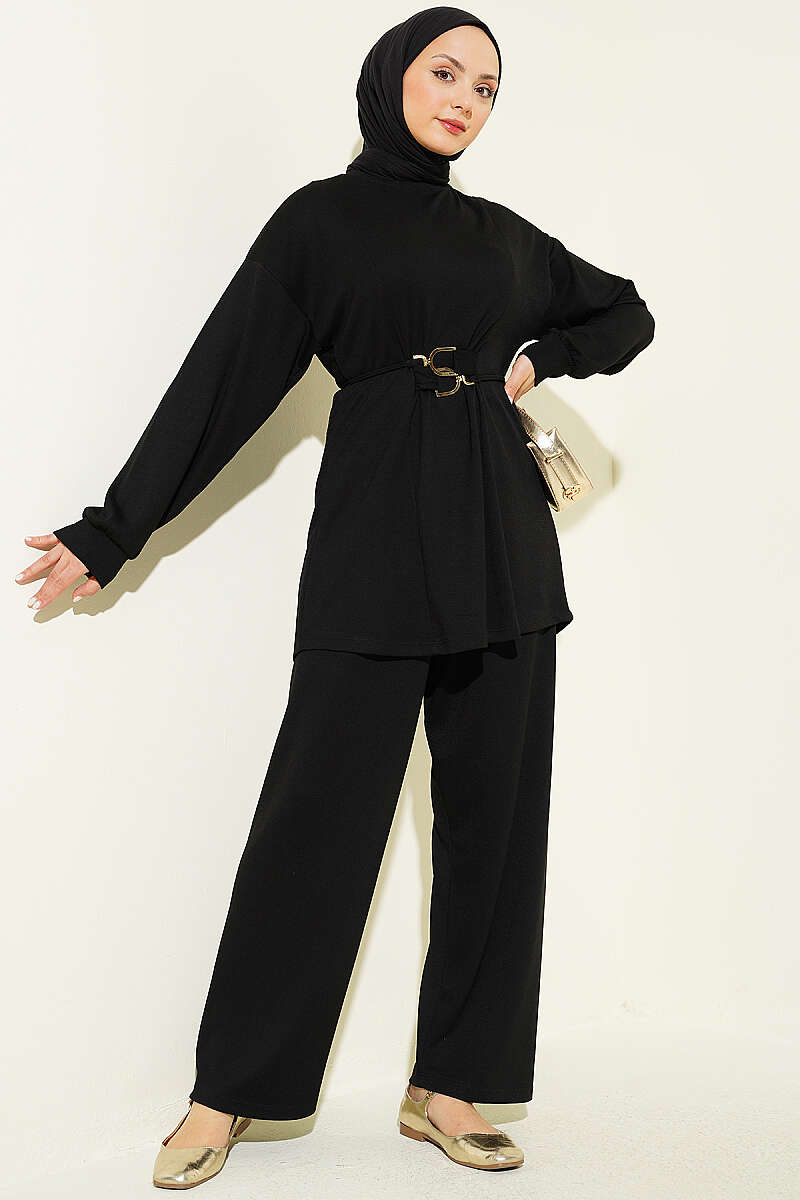 Jersey Two-Piece Set with Gold-Buckle Tie Waist - Black