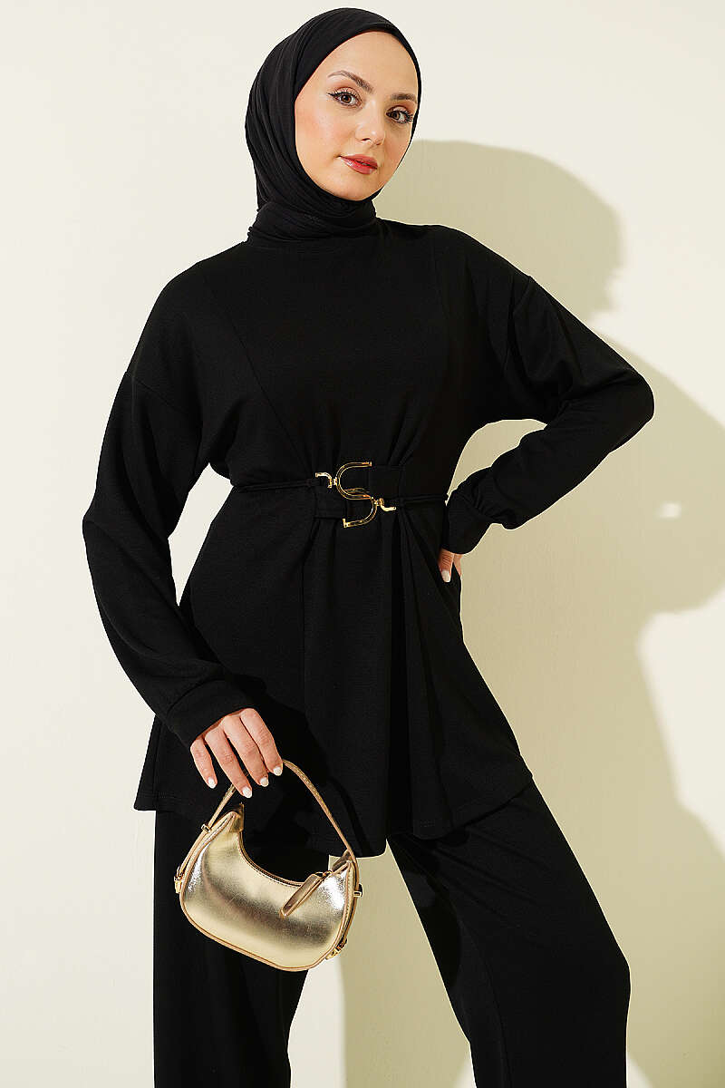 Jersey Two-Piece Set with Gold-Buckle Tie Waist - Black