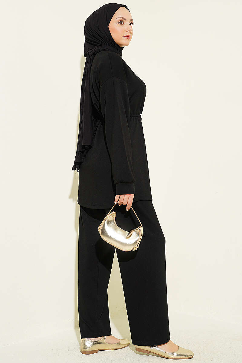 Jersey Two-Piece Set with Gold-Buckle Tie Waist - Black