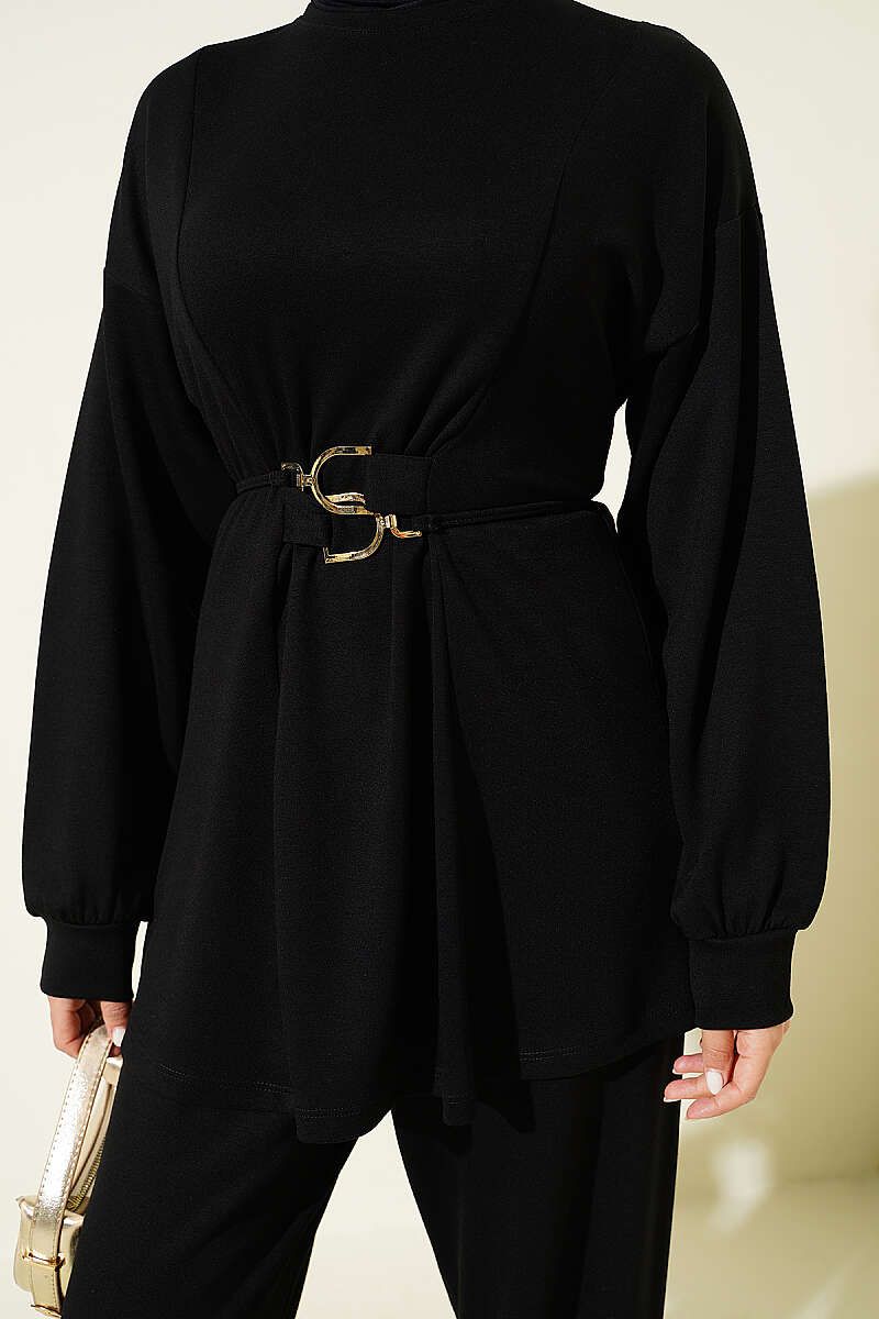 Jersey Two-Piece Set with Gold-Buckle Tie Waist - Black