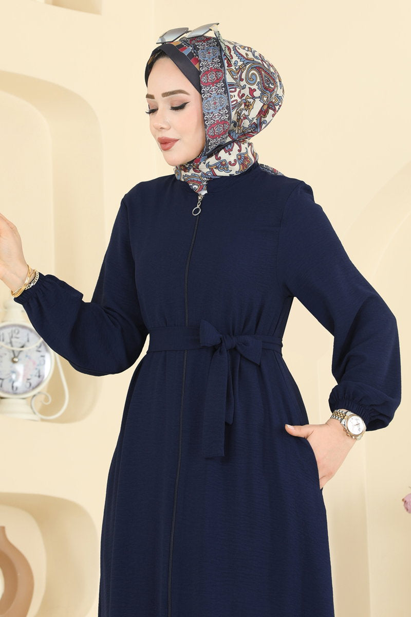 Aerobin Abaya Coat with Waist Sash - Light Navy
