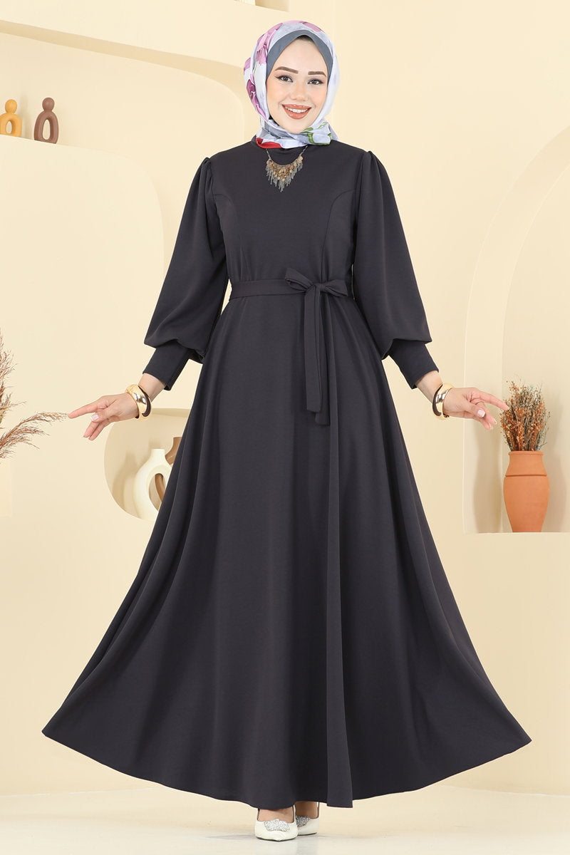 Crepe Dress with Waist Sash - Charcoal