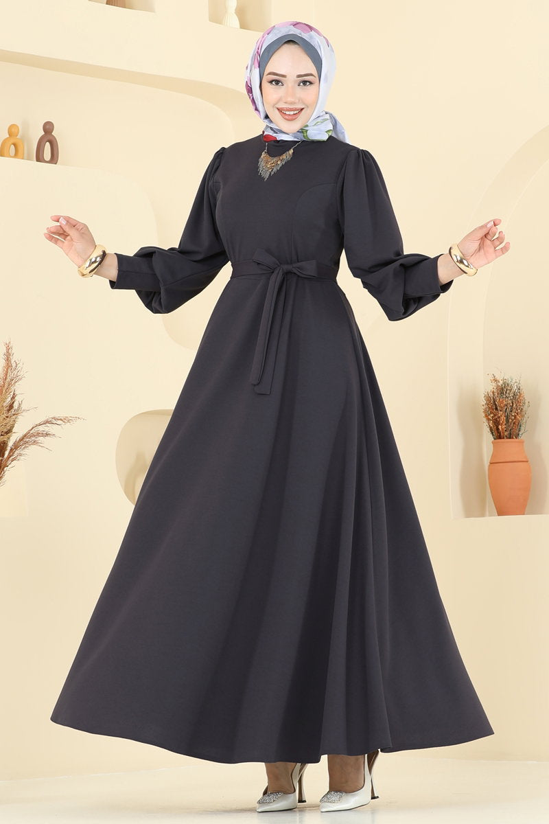 Crepe Dress with Waist Sash - Charcoal