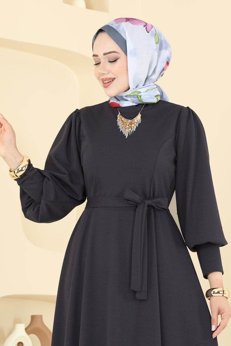 Crepe Dress with Waist Sash - Charcoal