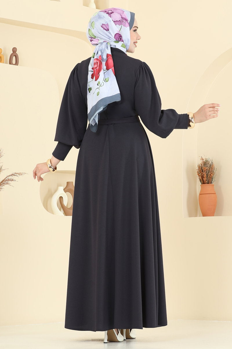 Crepe Dress with Waist Sash - Charcoal