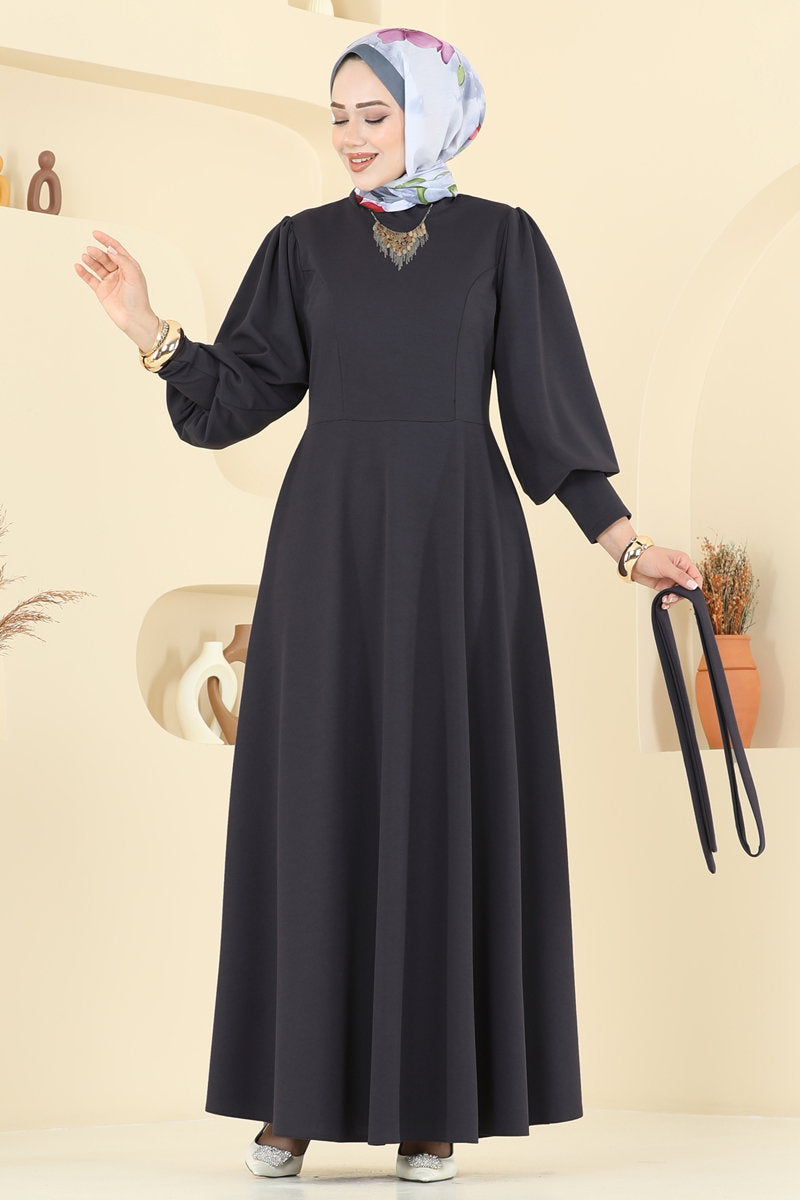 Crepe Dress with Waist Sash - Charcoal