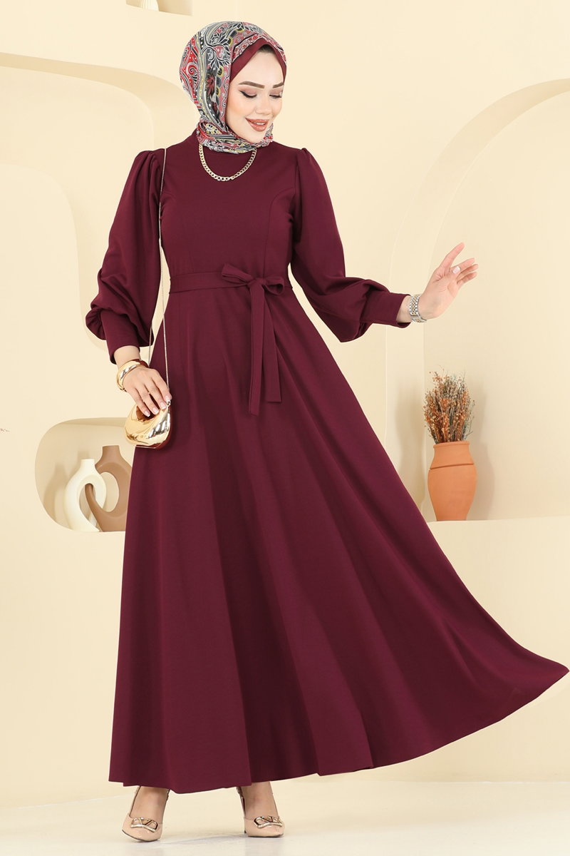 Crepe Dress with Waist Sash - Burgundy