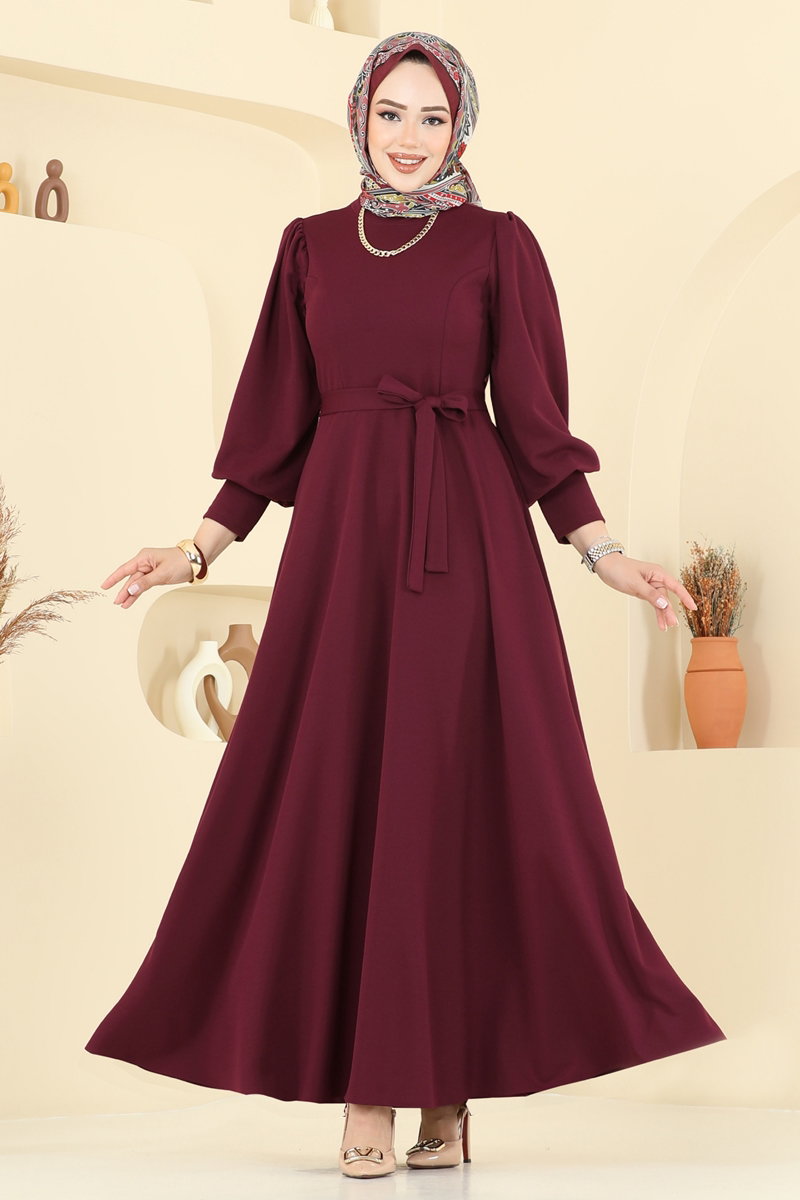 Crepe Dress with Waist Sash - Burgundy