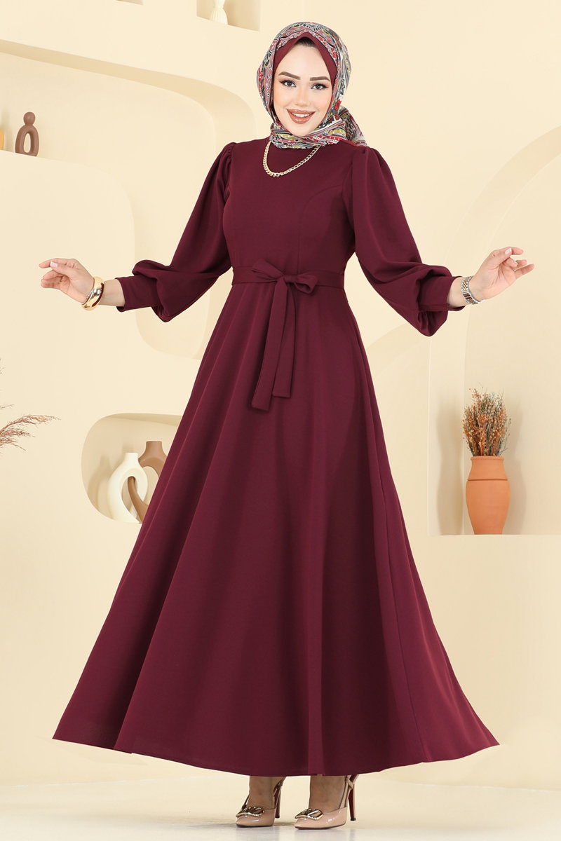 Crepe Dress with Waist Sash - Burgundy