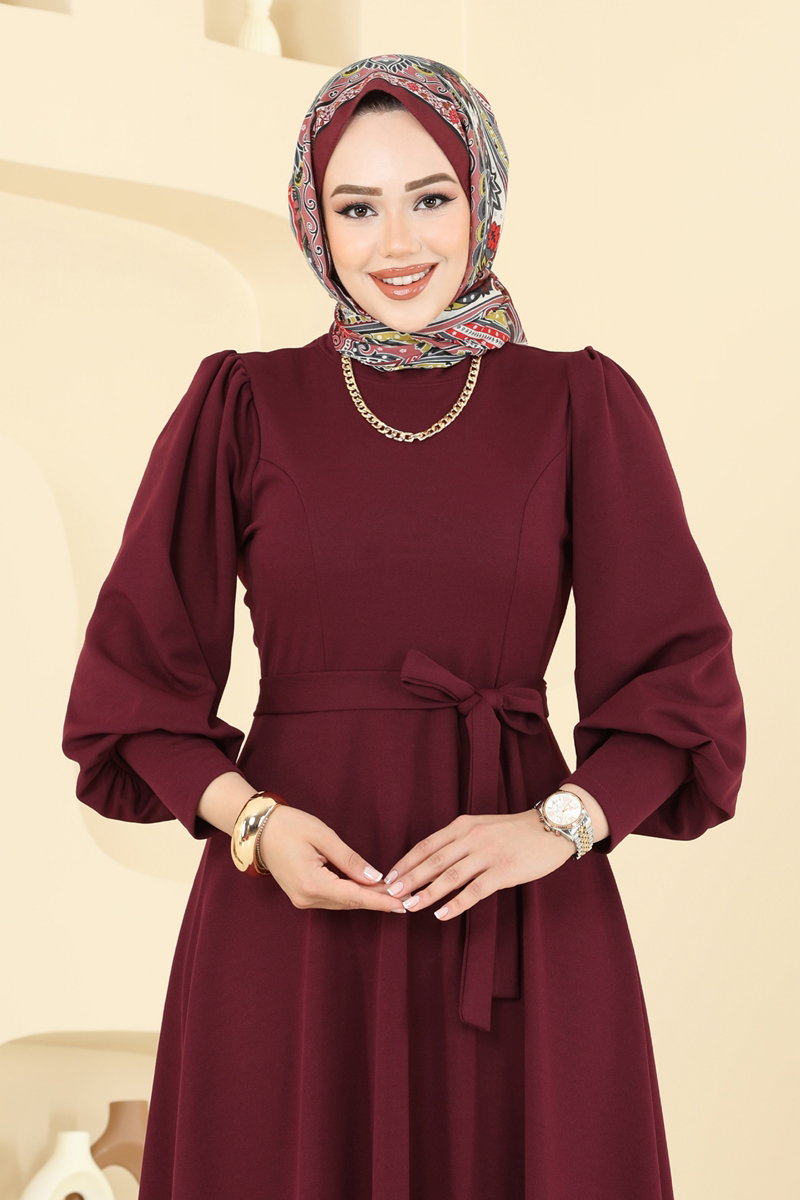 Crepe Dress with Waist Sash - Burgundy