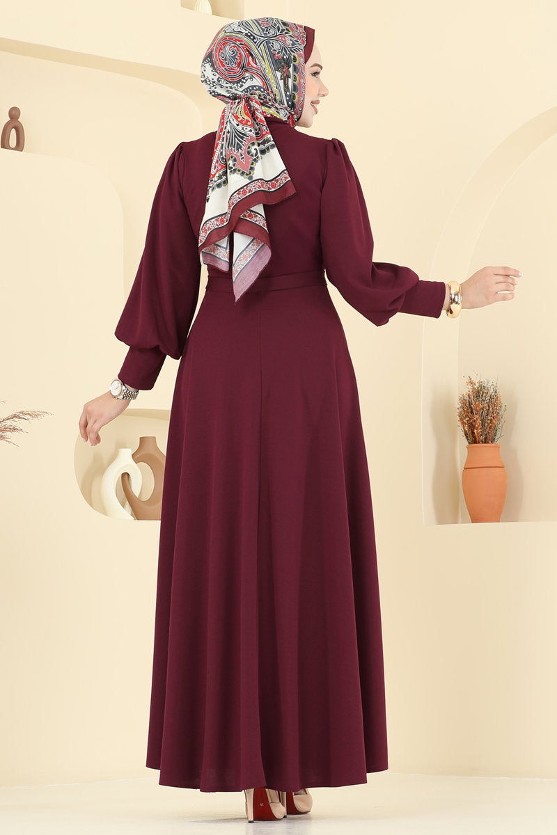 Crepe Dress with Waist Sash - Burgundy