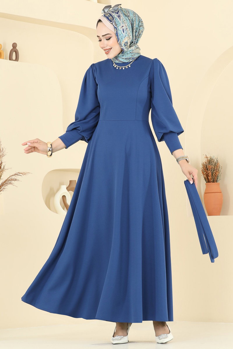 Crepe Dress with Waist Sash - Indigo
