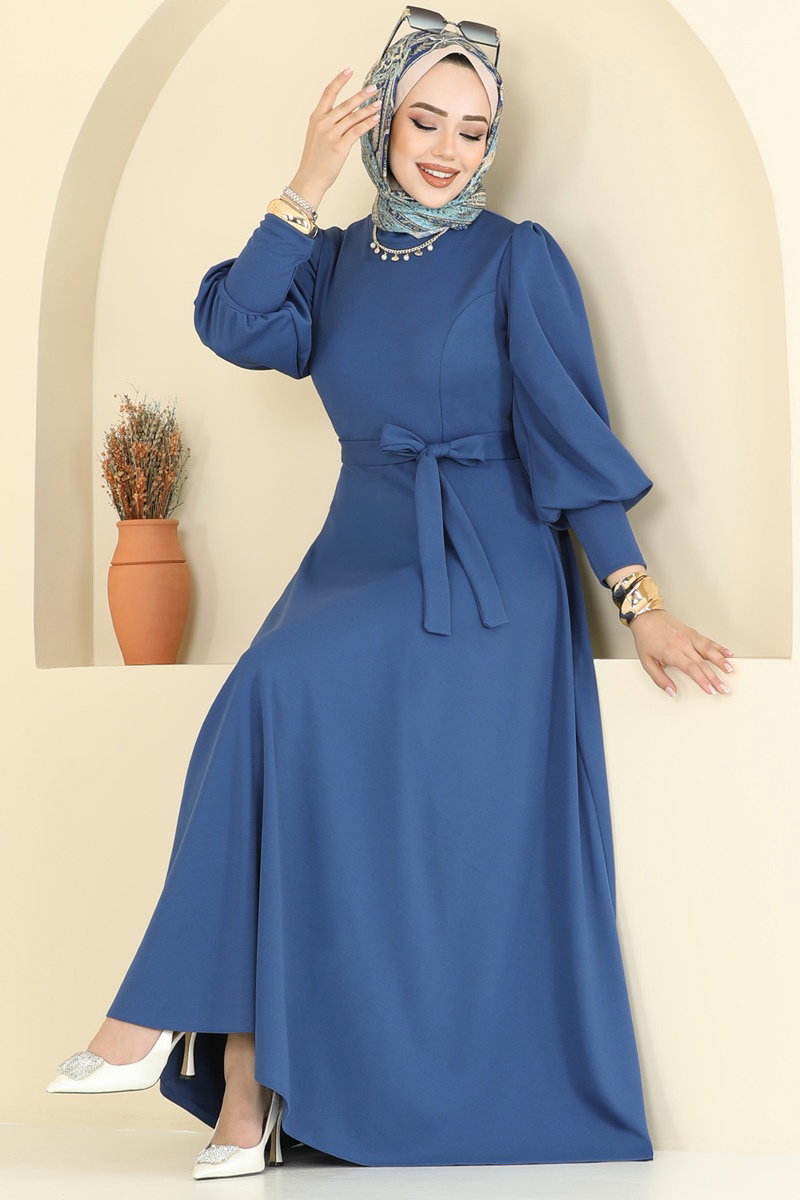 Crepe Dress with Waist Sash - Indigo