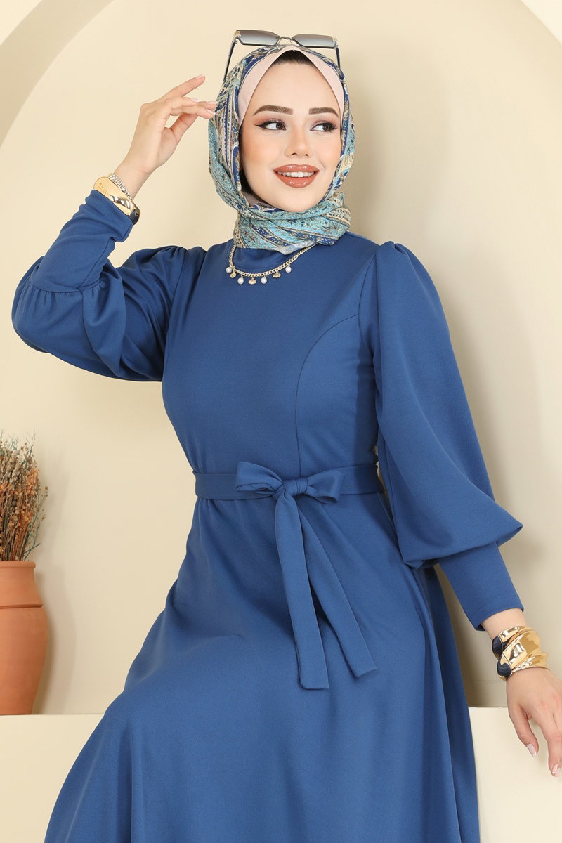 Crepe Dress with Waist Sash - Indigo