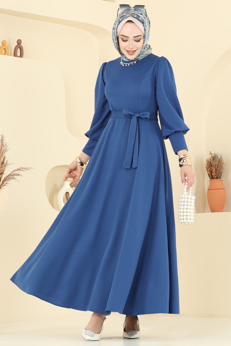 Crepe Dress with Waist Sash - Indigo