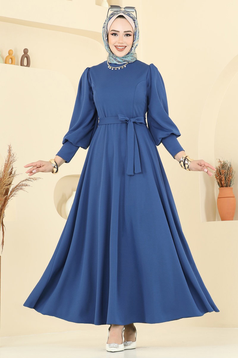 Crepe Dress with Waist Sash - Indigo