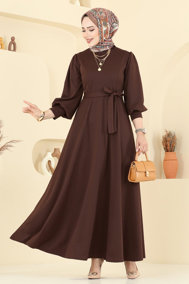 Crepe Dress with Waist Sash - Brown