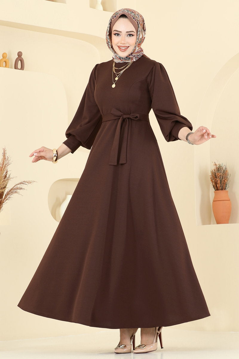 Crepe Dress with Waist Sash - Brown