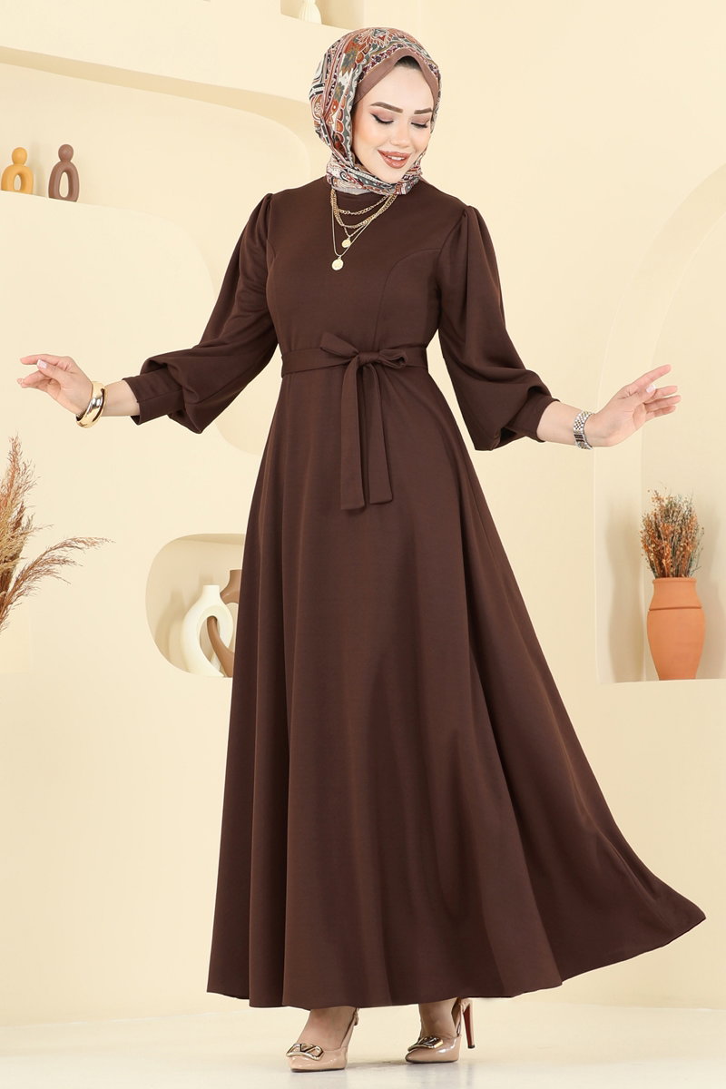 Crepe Dress with Waist Sash - Brown
