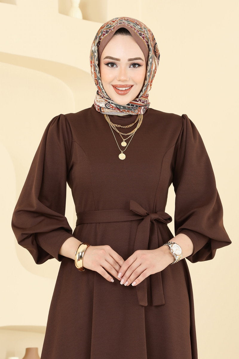 Crepe Dress with Waist Sash - Brown