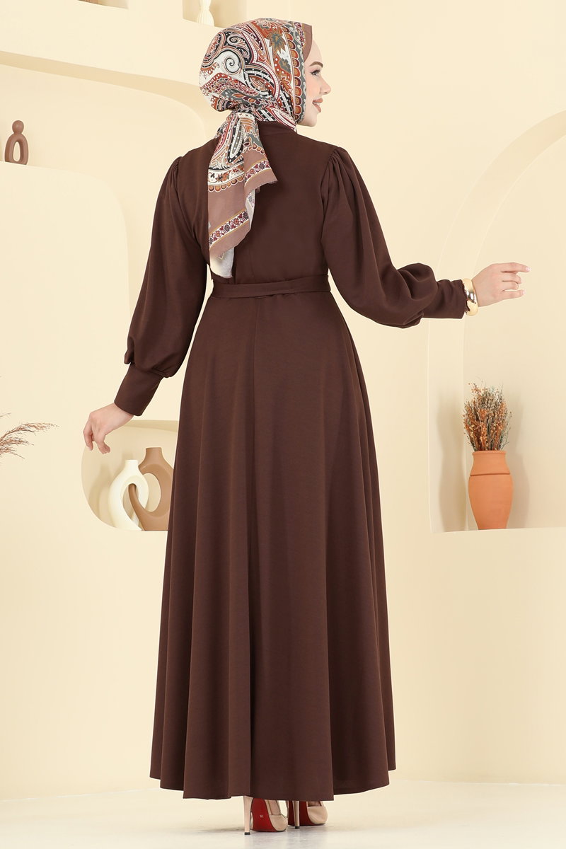 Crepe Dress with Waist Sash - Brown