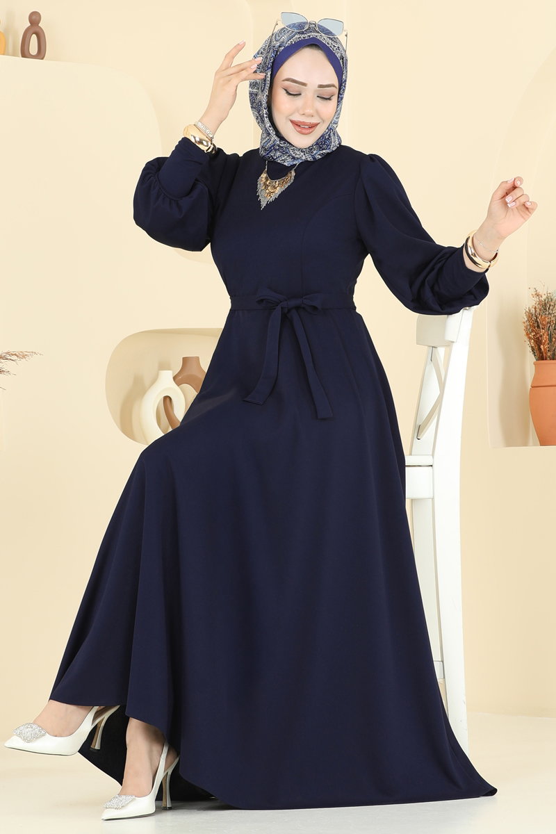 Crepe Dress with Waist Sash - Navy